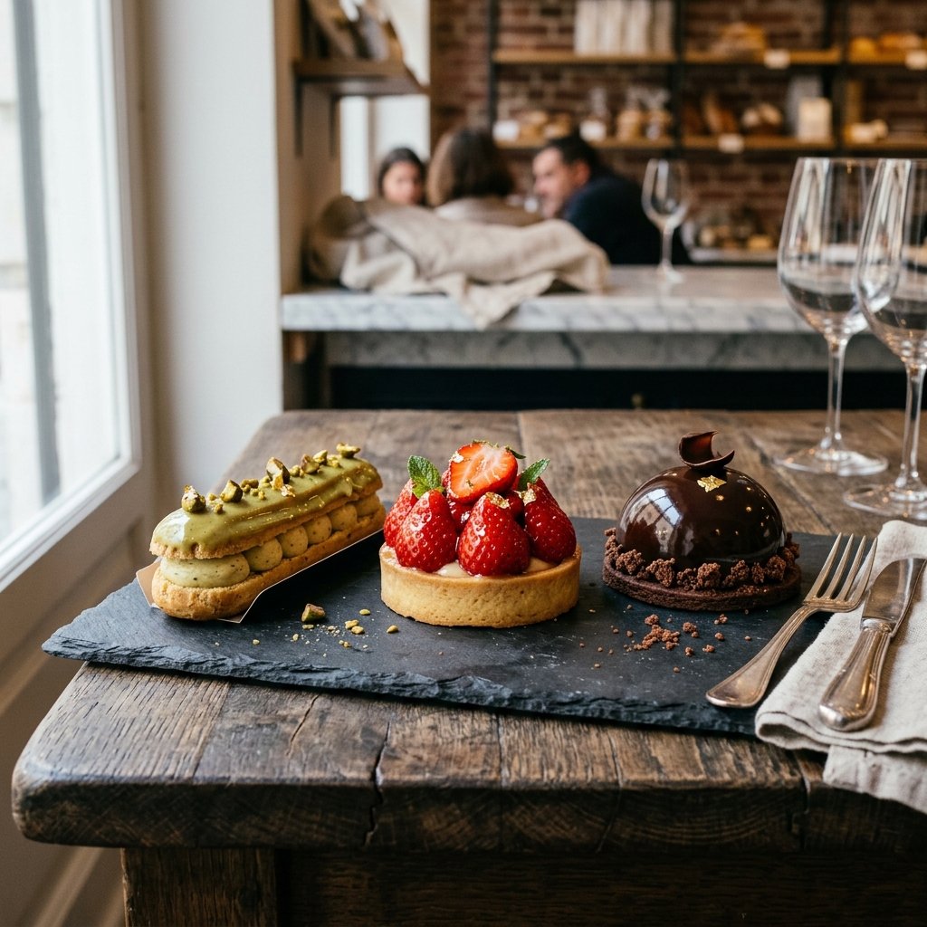 French pistachio éclair and dessert glass